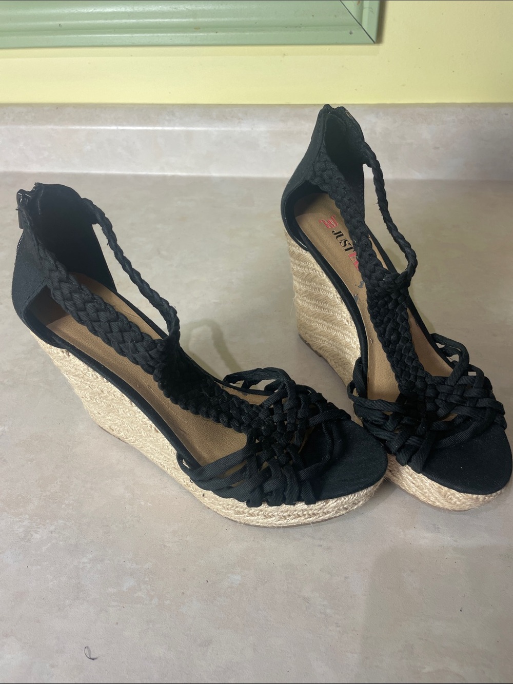JustFab Black Braided Espadrille Wedge Sandals - Women Size 8